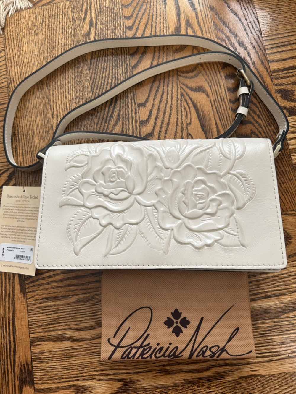 Patricia Nash Kent Burnished Rose Tooled Leather Crossbody with Dust Bag Latte